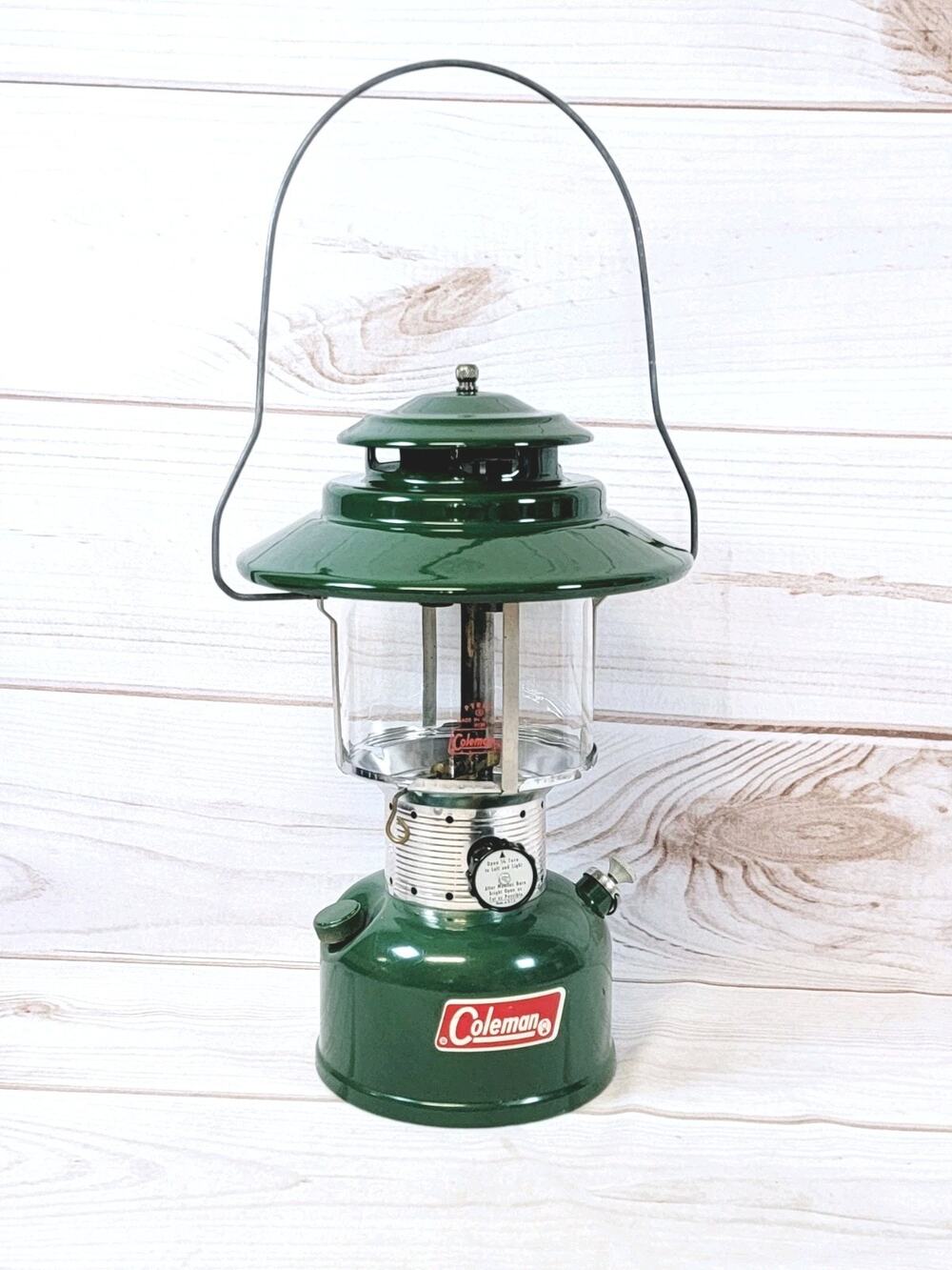 Vintage Coleman Model 228F Green Camping Lantern Original Pyrex Glass 10-1972